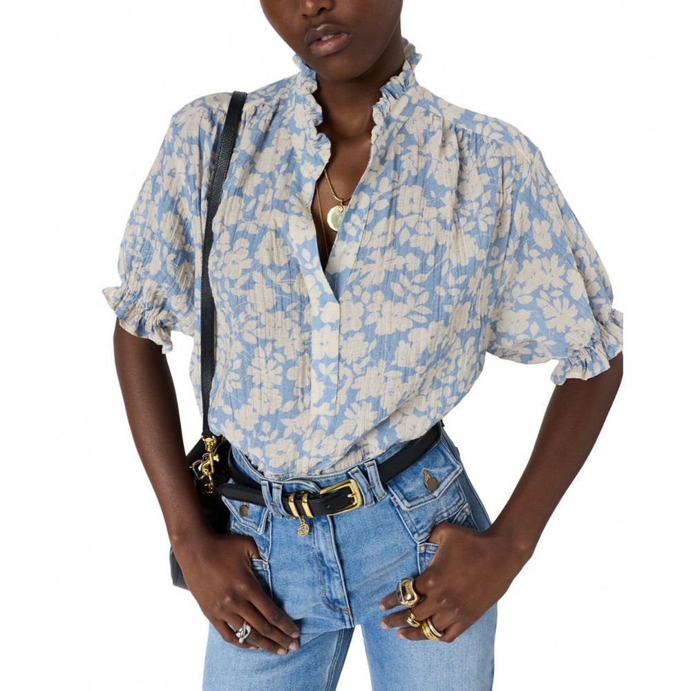 Gerard Darel Cephise Ruffled Edge Top Bluesky Floral Blouse Size 3 Large NEW